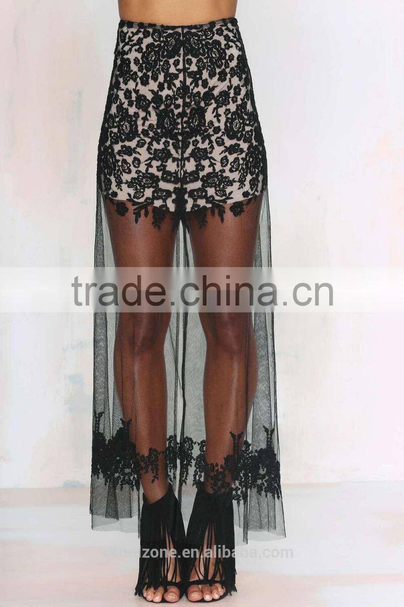Slim front lace see through floral print latest long skirt design
