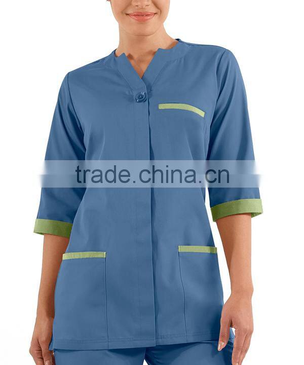 High Quality Female Color Contrasting 3/4 Sleeves House Keeping Tunic with One Button Closure