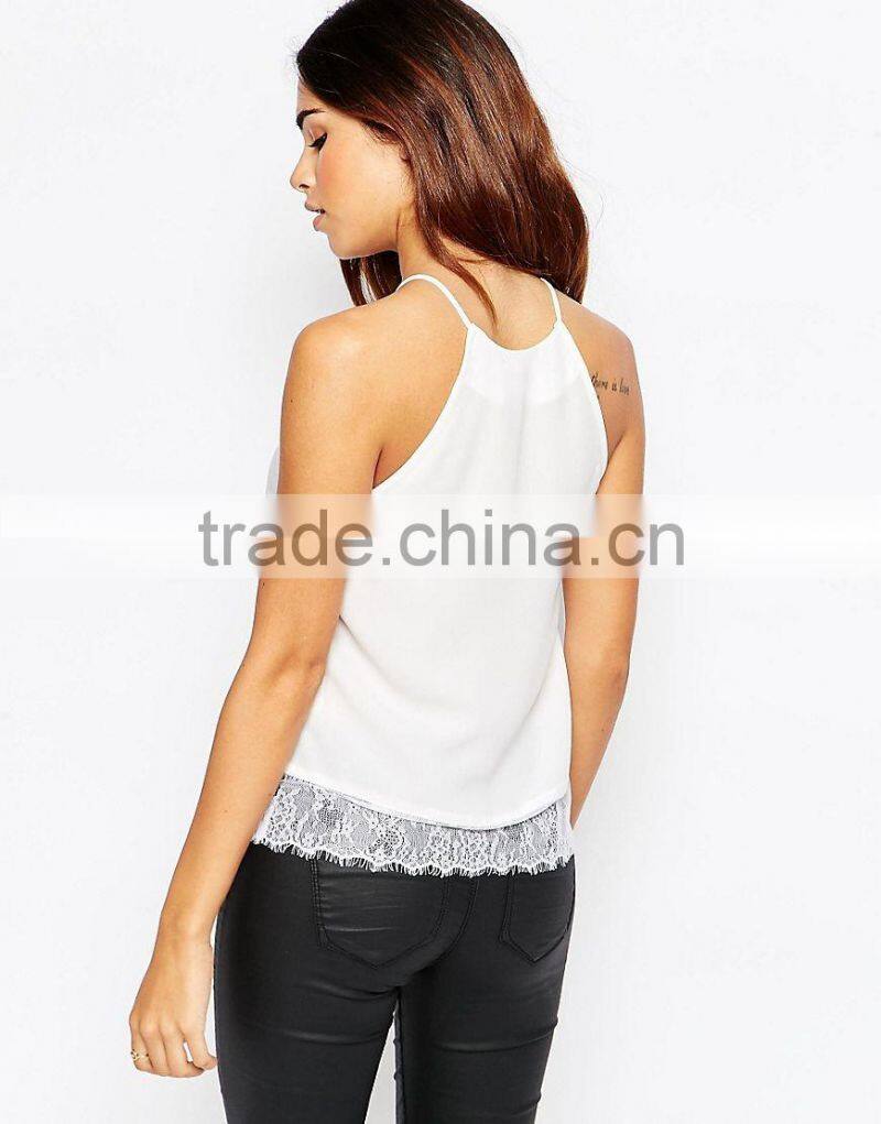 2016 Guangzhou Shandao Supplier New Arrivals Beautiful Summer Fashion Women Sexy Spaghetti Strap White Slim Lace Tops