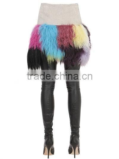 YR947 Fringed Patchwork Mongolia Wool Skirt Real Timbet Lamb Fur Skirt