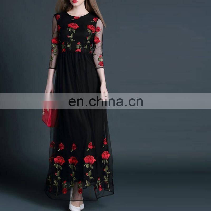 2016 Newest Spring Maxi Long Style Net Yarn 3/4 Sleeve Embroidery Evening Dress