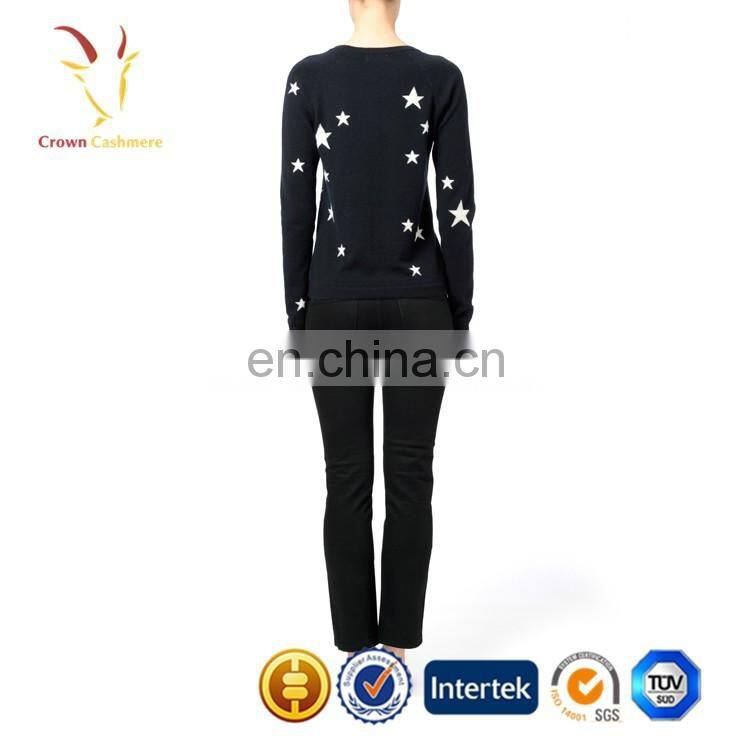 Pure Wool Knitted Star Design Black Intarsia Sweater
