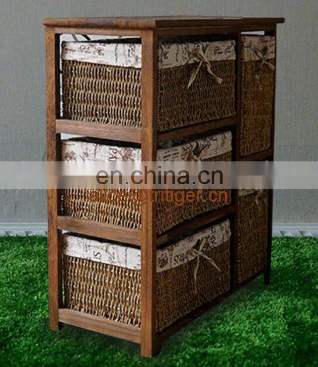 Antique Living Room Cabinet Wooden Cabinet with 5 Rattan Storage Drawers
