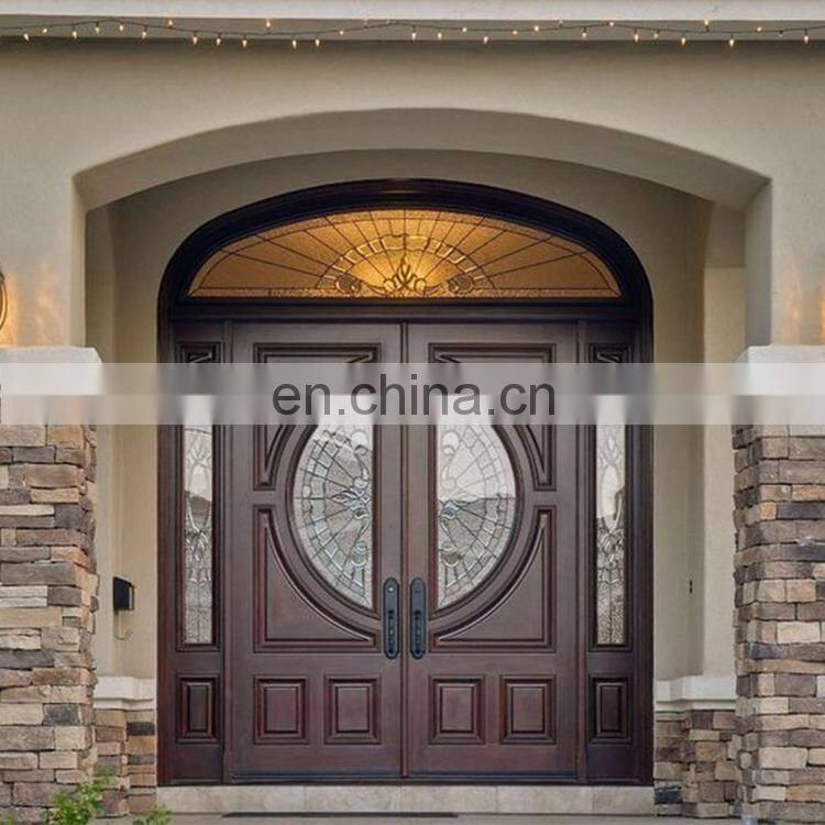 Exterior home double leaf wooden front entry doors american modern round arch top teak solid wood main front doors for houses