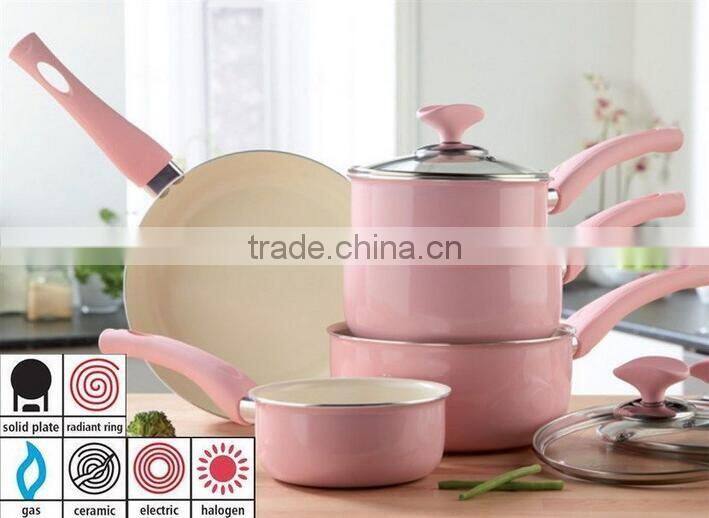 8pcs Pink Aluminum Non-stick Press Cookware Set Kitchen Used Fry Egg Pizza Pan Skillet Saucepan Cooking Pot Sauce Pot