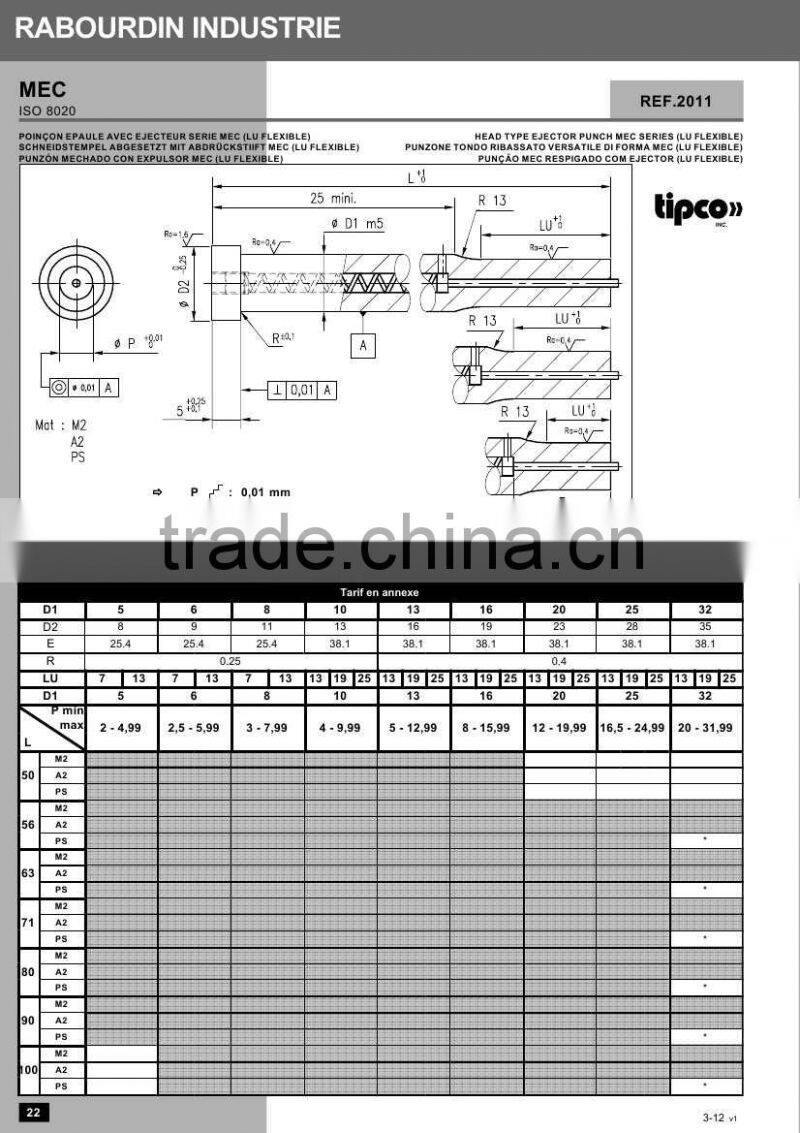 Rabourdin MEC standard ISO 8020 head type ejector punch
