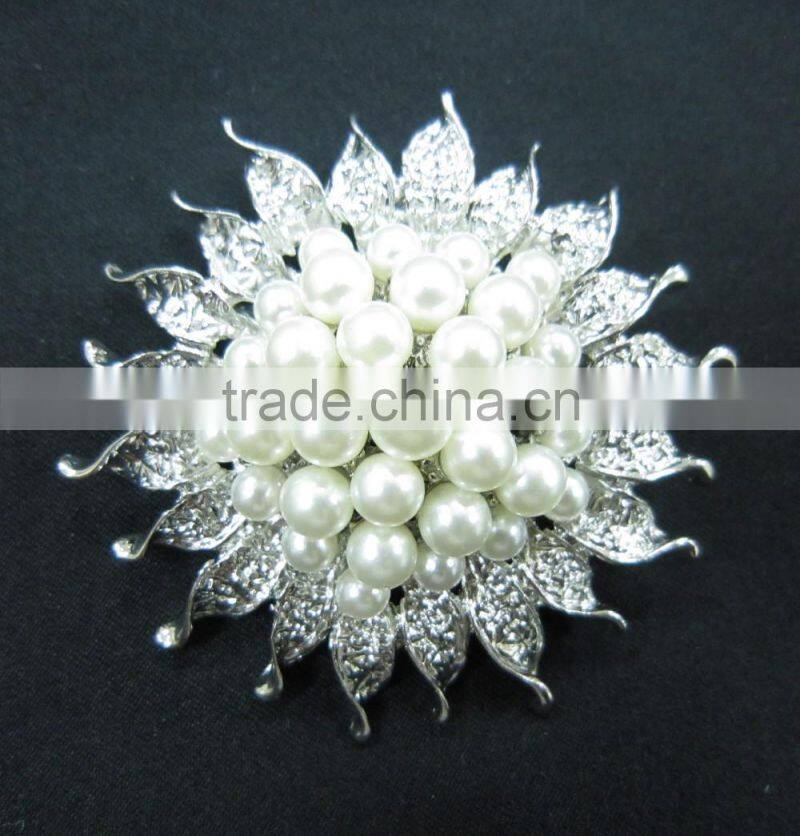6MM Pearl Silver Metal Rhodium Sun Flower Pin Rhinestone Brooches