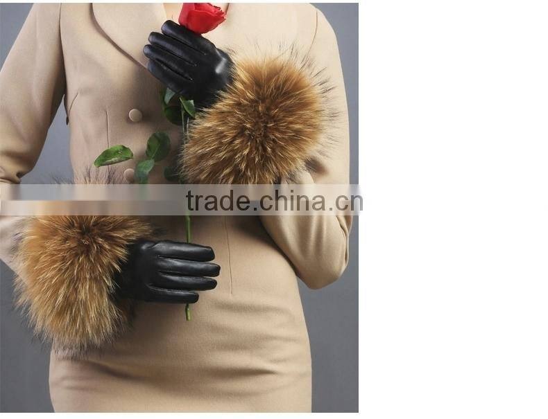 Women Girls Winter Plush Raccoon Fur Leather Mitten Gloves Warm Driving Gift