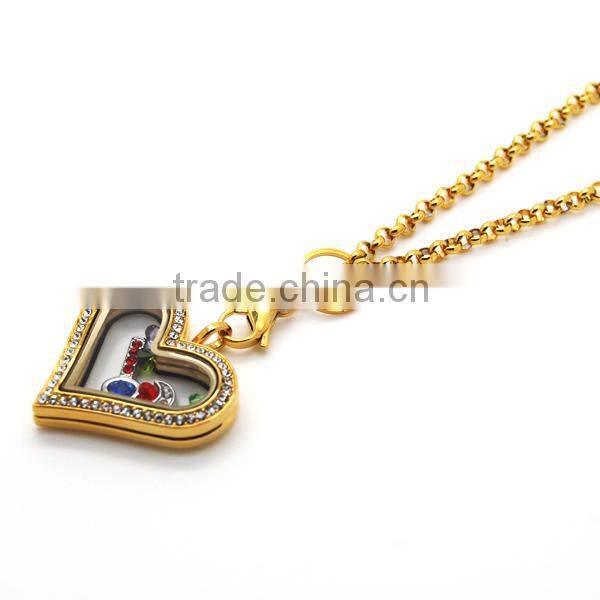 Dongguan manufacturer wholesale heart shaped locket necklace stainless steel floating glass magnetic gold locket jewelry