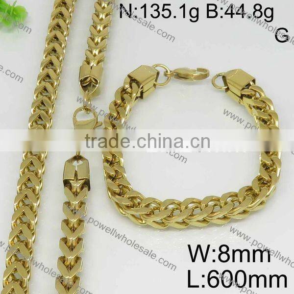 Hot classic stainless steel gold plated necklace and bracelet jewelry set