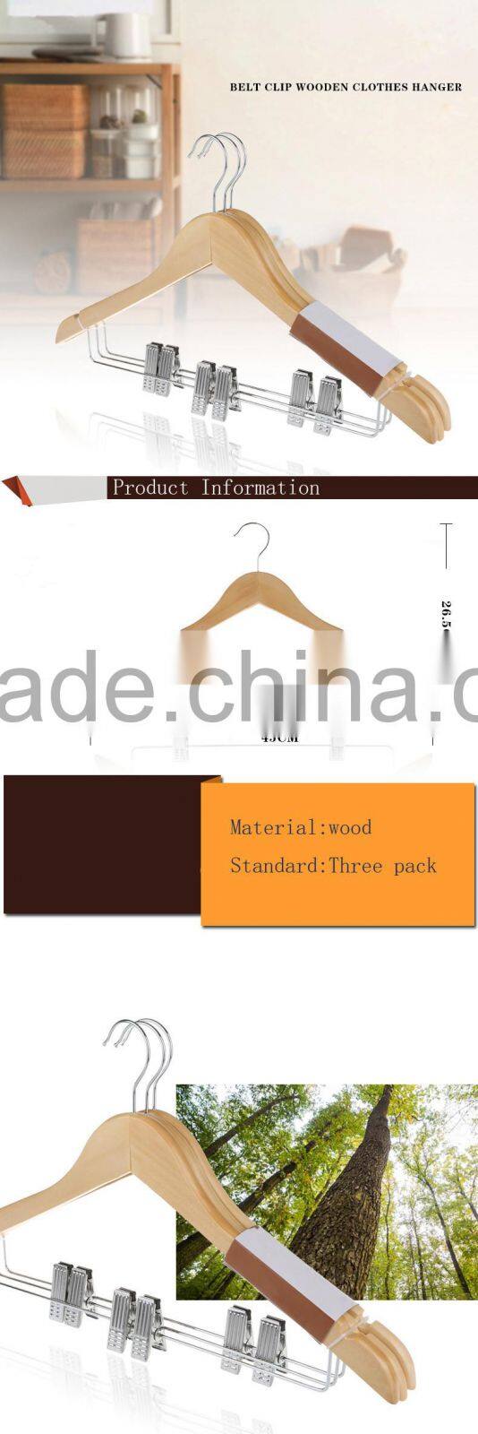 Lot Of 3 Wood Solid Wood Clothes Coat Hangers with Pant Clip