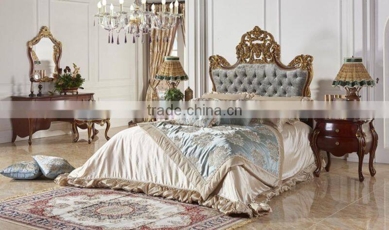Luxury Gold Painting Royal Bed With Night Stand, Antique Solid Wood Carved Bedroom Set, Palace Design Wood Bedroom Furniture Set