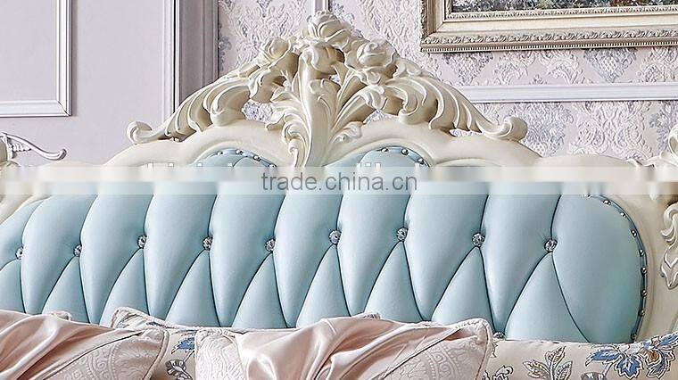 French romantic flower carving blue leather sofa set