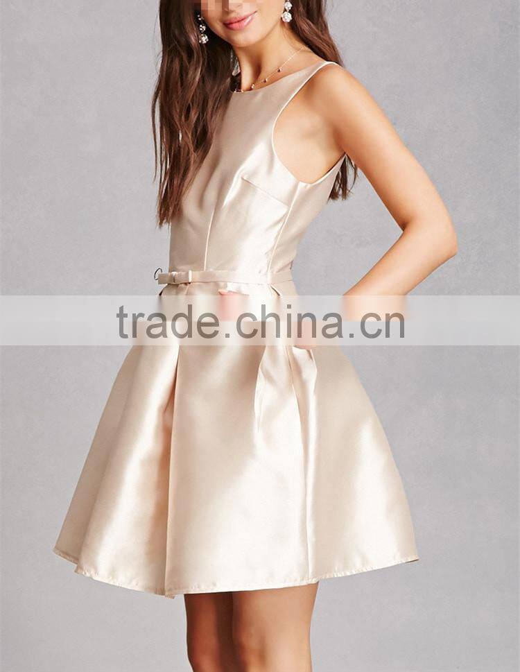 New cheap Fashion round neck sleeveless on-seam pockets Pleated Taffeta Dress