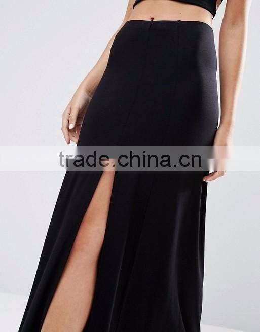 Ladies fashion clothing black color thigh split long maxi skirt