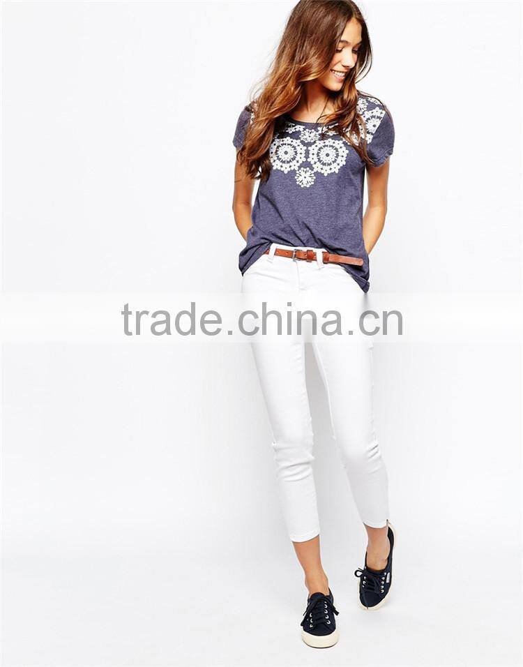 Girls round neck lace rosette printed 100 percent cotton t shirts