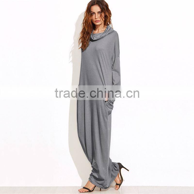 Cowl Neck Plus Size Women Clothing Long Sleeve Maxi Dress With Pockets Muslim Dress