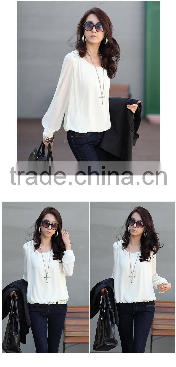 2016 Wholesale cheap price Women chiffon shirts outfit rivet cute doll Long sleeves design women chiffon casual Top Blouse