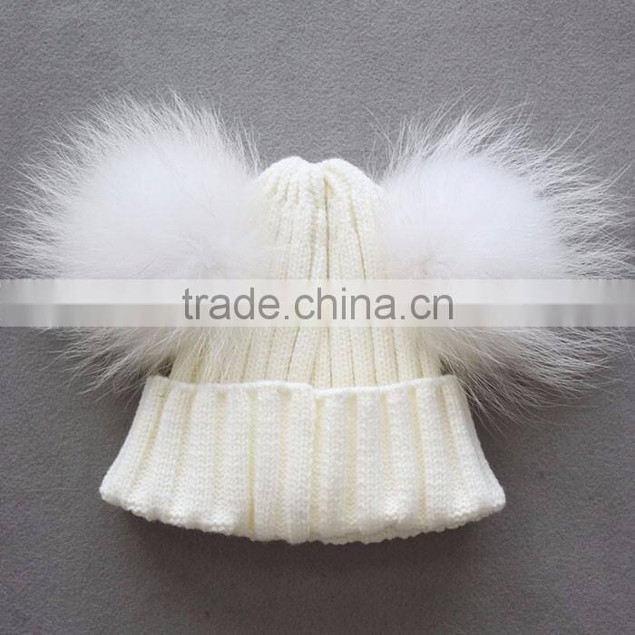 Myfur Red Raccoon Fur Pom Poms Wool Knitting Hat with Genuine Raccoon Fur Balls