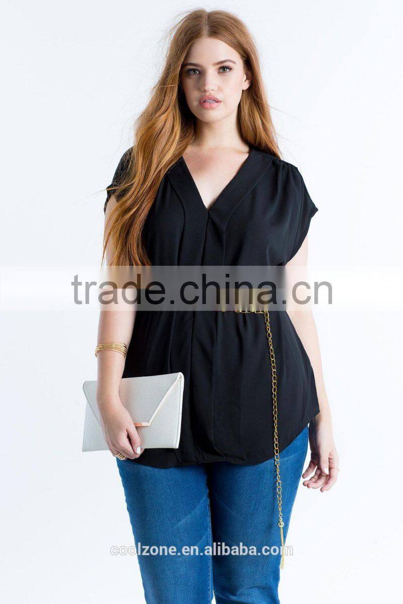Relaxed V-neck pleated plus size chiffon blouse/woman top