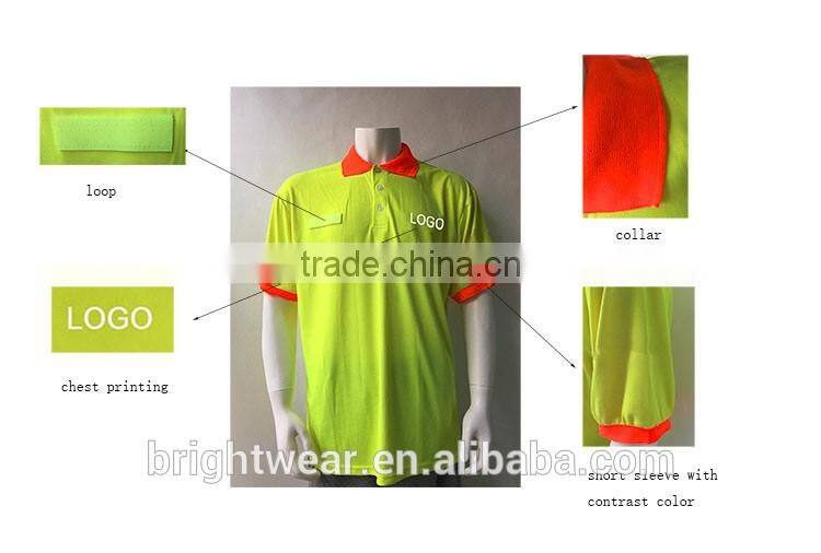 Mens high quality high visibility fluorescent short sleeve contrast rib collar micro mesh safety polo tshirt