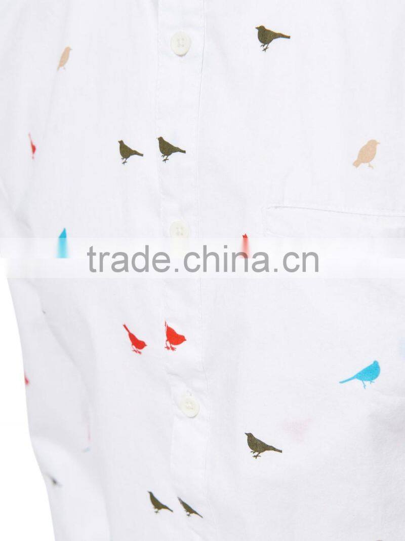 Men's Long Sleeve Birds Pattern Cotton Shirt