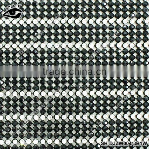 Adhesive Rhinestone Transfer SheetsTOP A grade Glass rhinestone hotfix mesh 3Row Black+1Row Crystal Rhinestone Mesh For Clothing