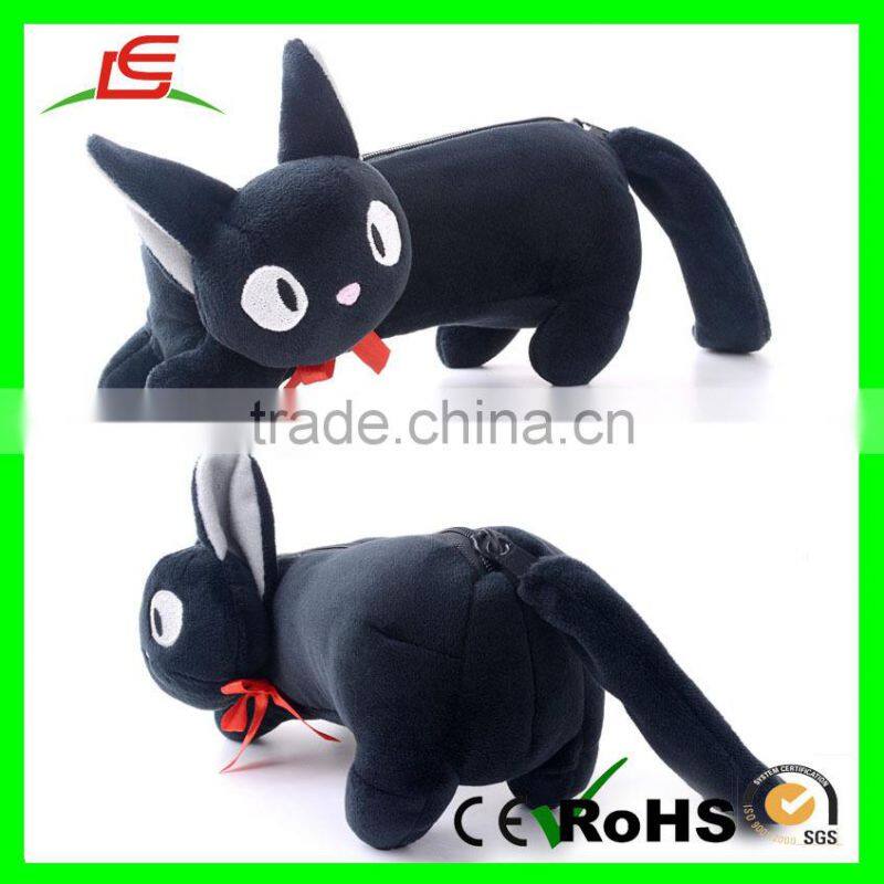 E477 Black Super Soft Velboa Cat with Bow Plush Pencil Case