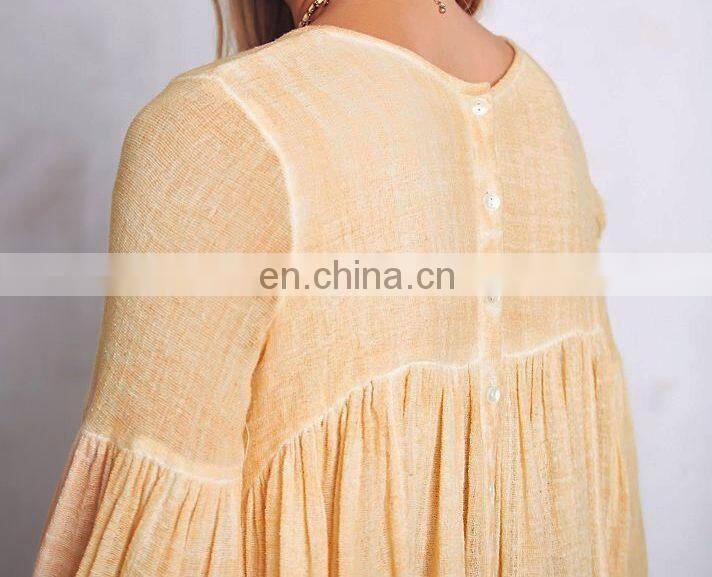 High quality 3/4 sleeve cotton yarn babydoll shirt , ladies gauze shirt