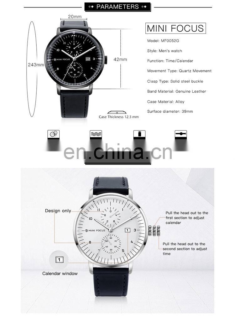 MINI FOCUS 0052 Men Quartz New Leather Band Watch Popular Chronograph Relojes Hombre Deportivo simple watch