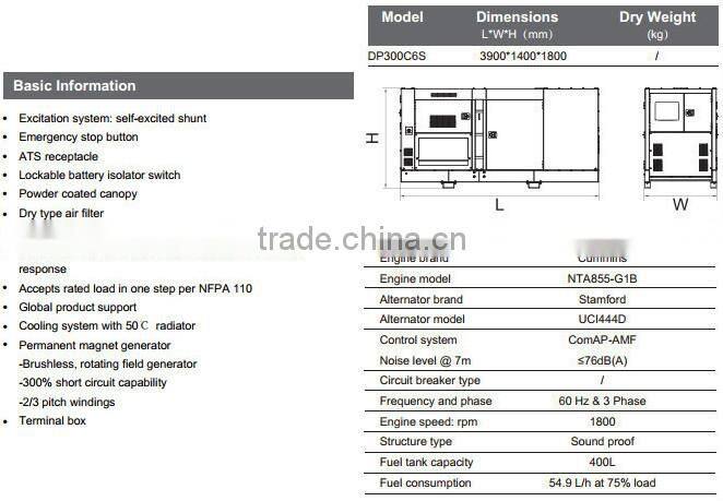 silent generators for sale,60Hz 4 cylinder water cooled generator with CUMMINS NTA855-G1B