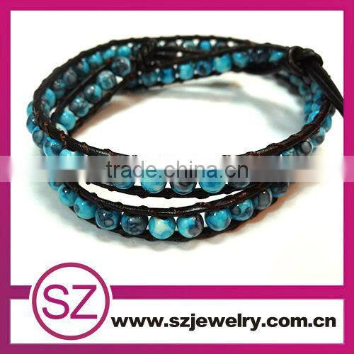newest China blue gemstone Cheap leather wrap bracelet