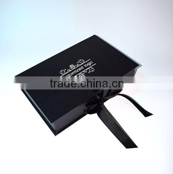 Luxury personalized black paper folding gift box with ribbon