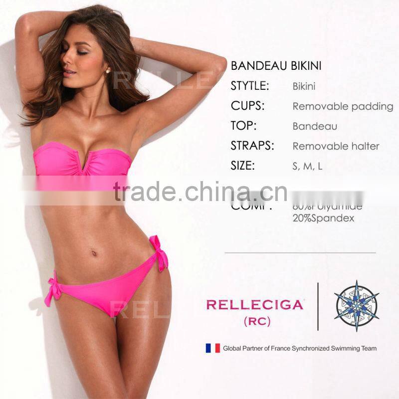 RELLECIGA Sexy Young Girl Bikini Set - Neon Pink Bandeau Top with an Open "V" Wire at Center Front
