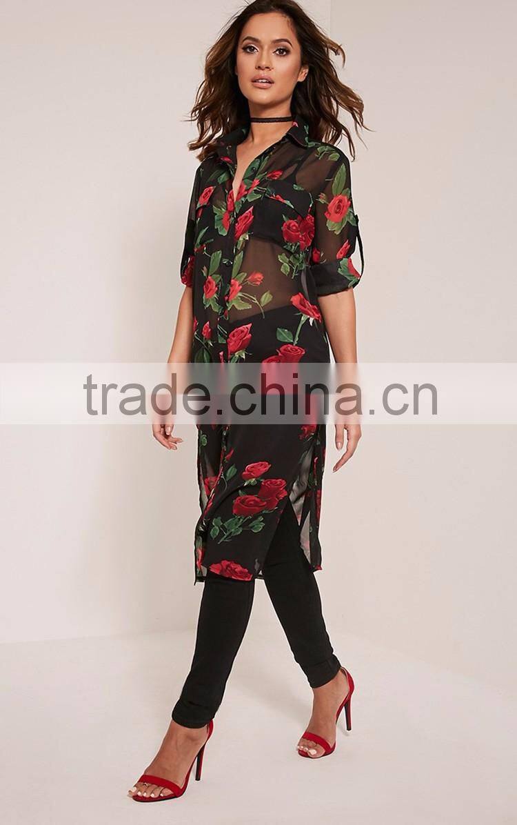SHANGYI Fashion Black Rose Print Chiffon Longline women Blouse