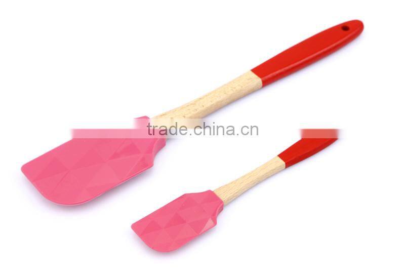 FDA/LFGB Wood Handle Printed Set of 2 Spatula Set Hot Sale Wood Handle Bakeware Silicone Spatula Set