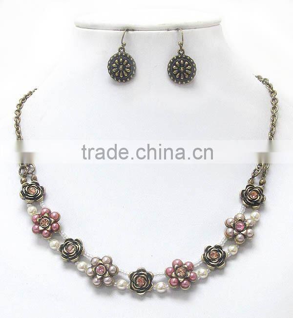 fashion jewelry for women multi colorful bead crystal flower retro necklace earring set