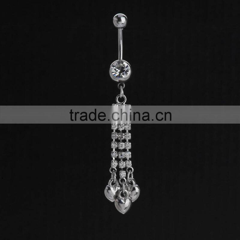 Multi Clear Gems Chains With Iron Heart Drop Dwon Charms Dangle Belly Button Naval Ring.