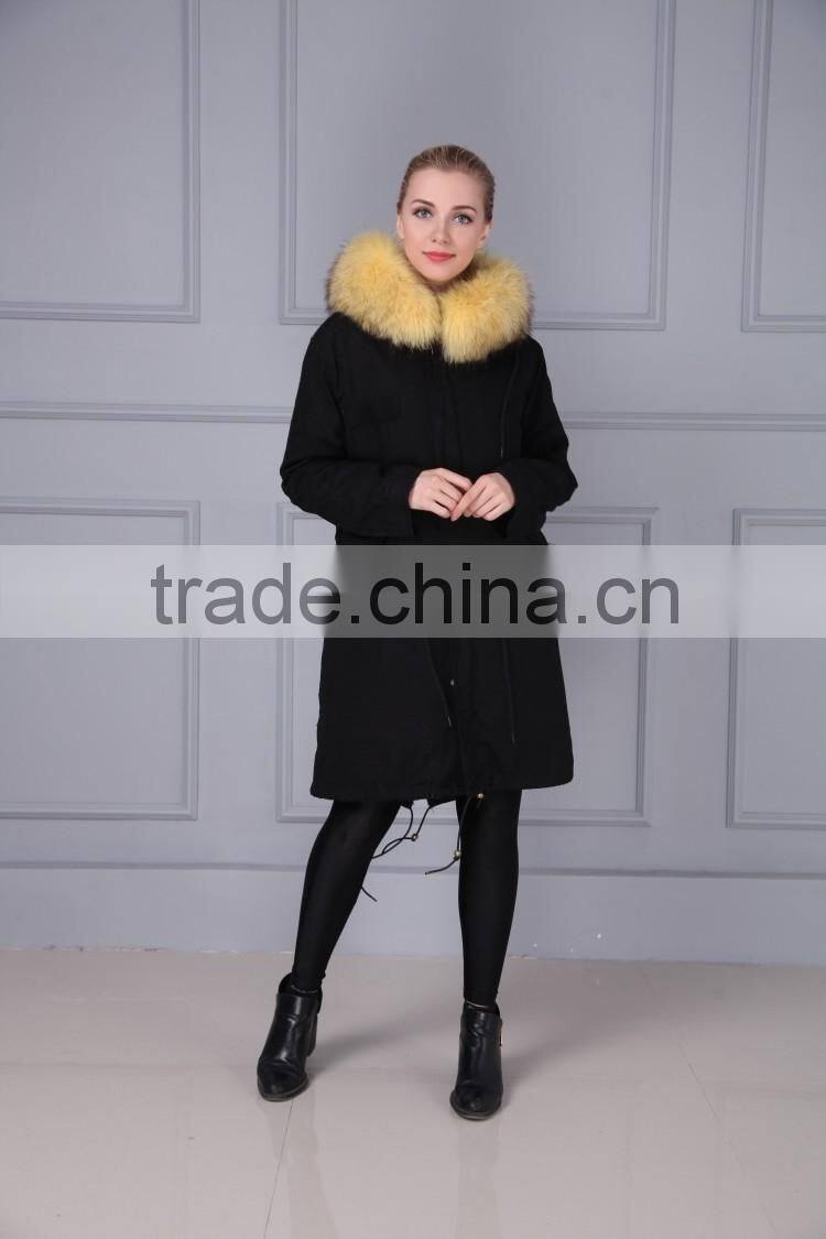 Brand fashion womens genuine fox fur lining parka with raccoon fur hood