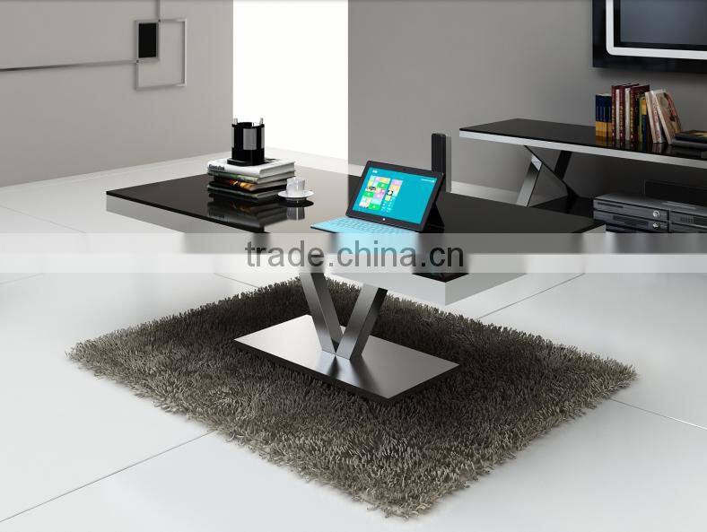 Glass top Stainless Steel V-shape foot tea table