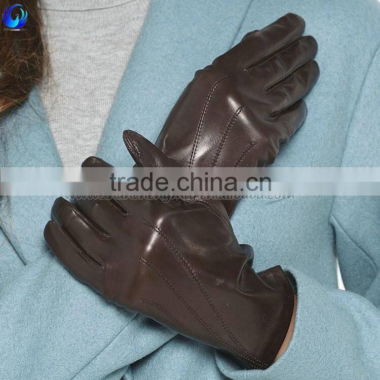2016 factory made winter women wool lined brown sheepskin leather gloves