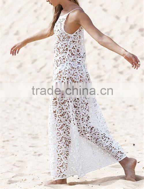 New fashion white lace beachwear sexy hollow girls dress for beach summer long beach dress wholesale