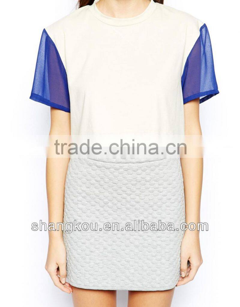 2014 ladies fashion dip back crop t-shirts with sheer sleeve