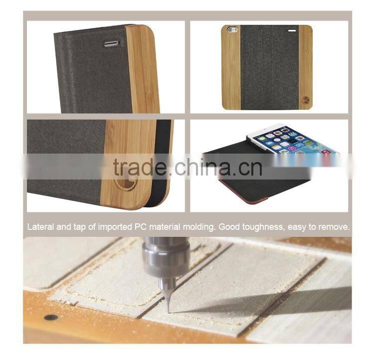 Fashion Mobile Accessories Laser Engraving Wood Bamboo Leather Flip Case for iPhone 6, Wooden Flip Stand Phone Cover for iPhone
