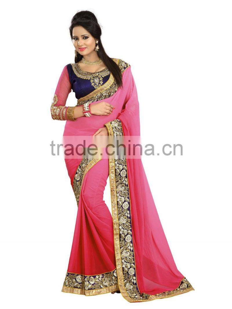 Pink pading saree with embroidery