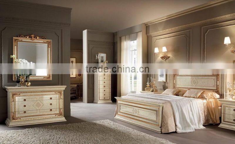 Bisini Luxurious Solid Wood Hand Carved Golden And Beige Complete Bedroom Set/European Classic Bedroom Furniture(MOQ=1 SET)