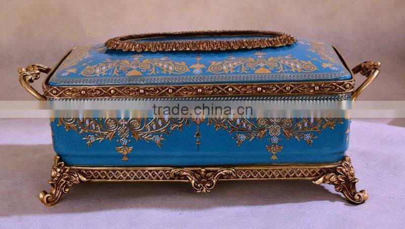 Luxury red color ceramic brass carving decorative tissue box