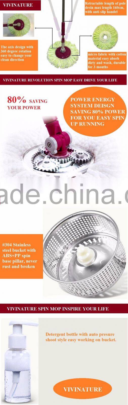 Vivinature retractable pole rolling spin mop two wheels 360 magic two mop heads with power saving system