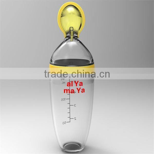 Eco-friendly Food Grade BPA Free Silicone Baby Feeder Bottle with Dispensing Spoon&Plastic Storage Cap
