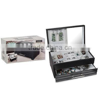 Black Leather Jewelry Box Watch Organizer Storage Case With Elegant Mirror